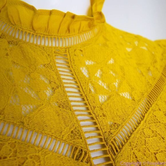 NEW Altar'd State mustard yellow lace dress with ruffle neck , L - Picture 9 of 14